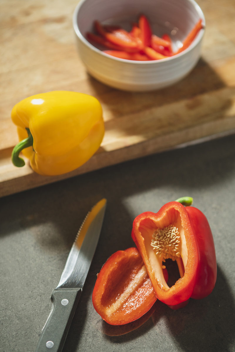 sliced bell peppers on countertop