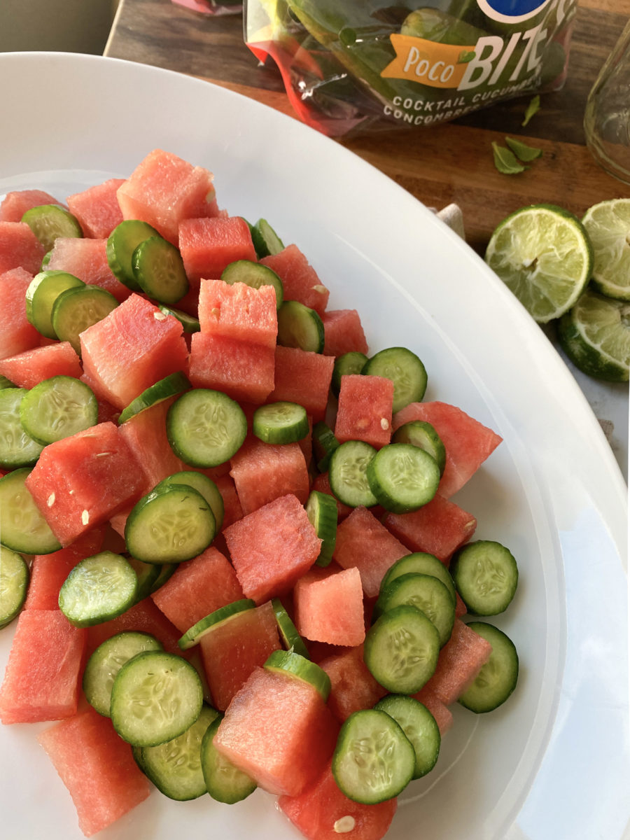 Sliced watermelons and cucumbers