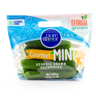 Georgia Grown Mini Cucumbers packed in a clear 1lb bag