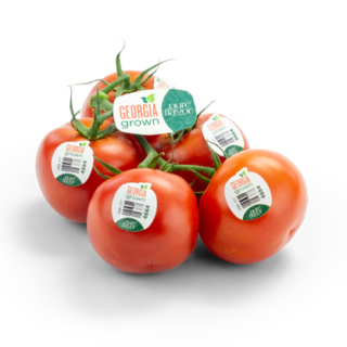 Georgia Grown Tomatoes On-the-Vine with PLU stickers and clip label