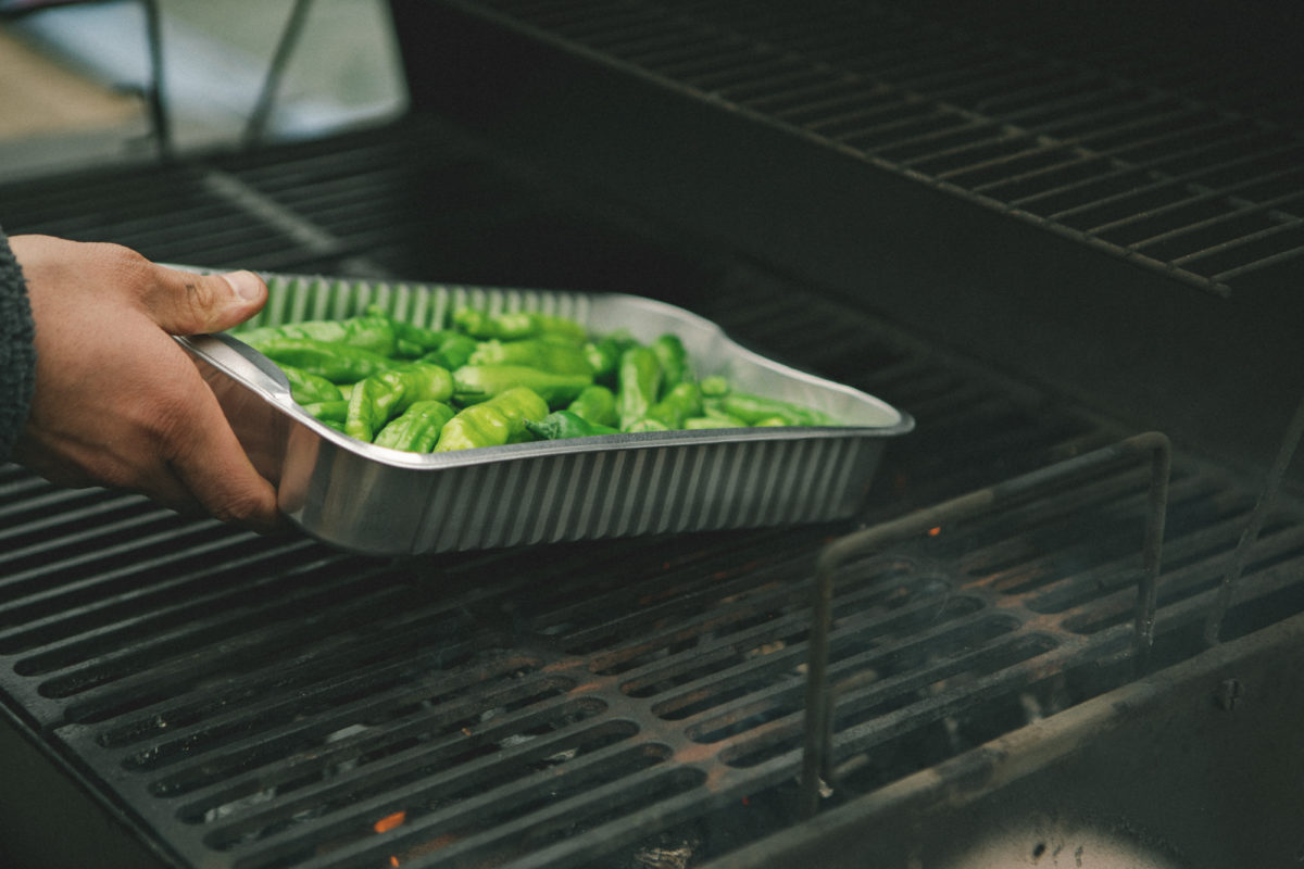 Grilling shishito peppers tray