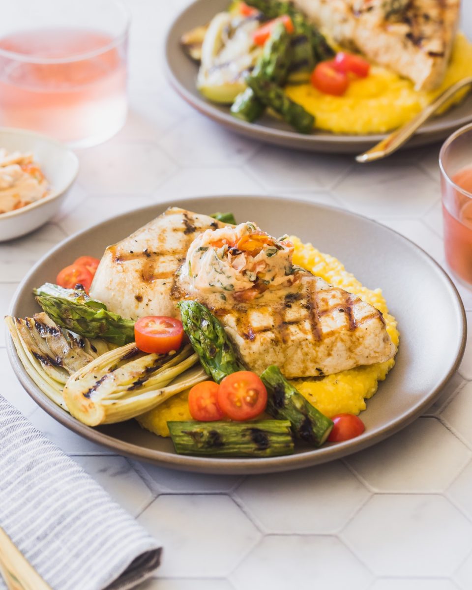 side view of a plate of grilled swordfish
