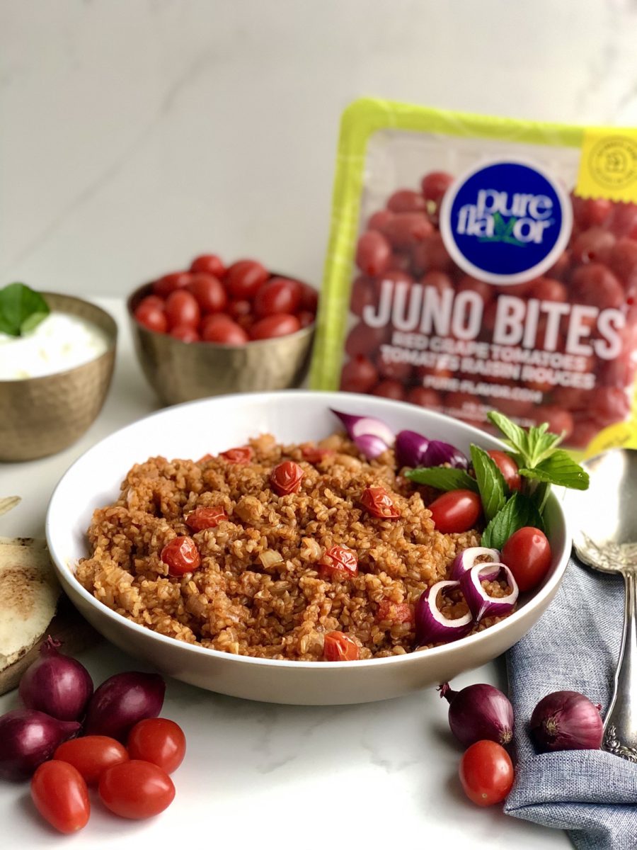 photo of finished bowl of tomato bulgur pilaf with juno bites pack
