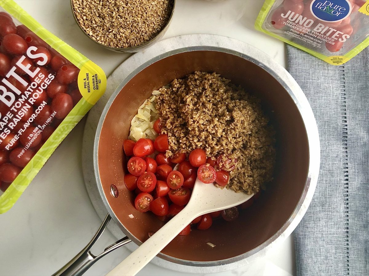 mixing juno bites with bulgar in pot