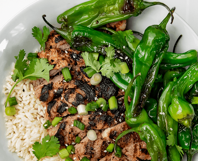 Grilled Ginger Pork with Charred Shishito Peppers