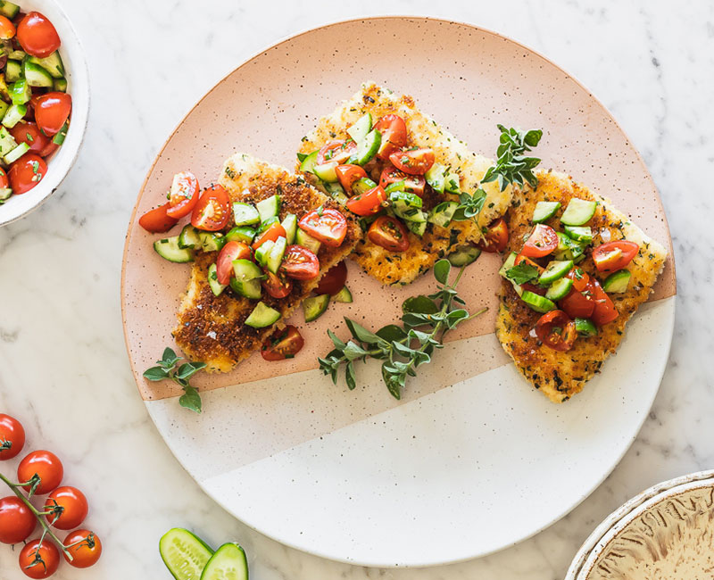 Breaded Halibut with Tomato Cucumber Relish