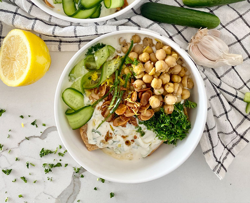 Cucumber Chickpea Yogurt Bowl