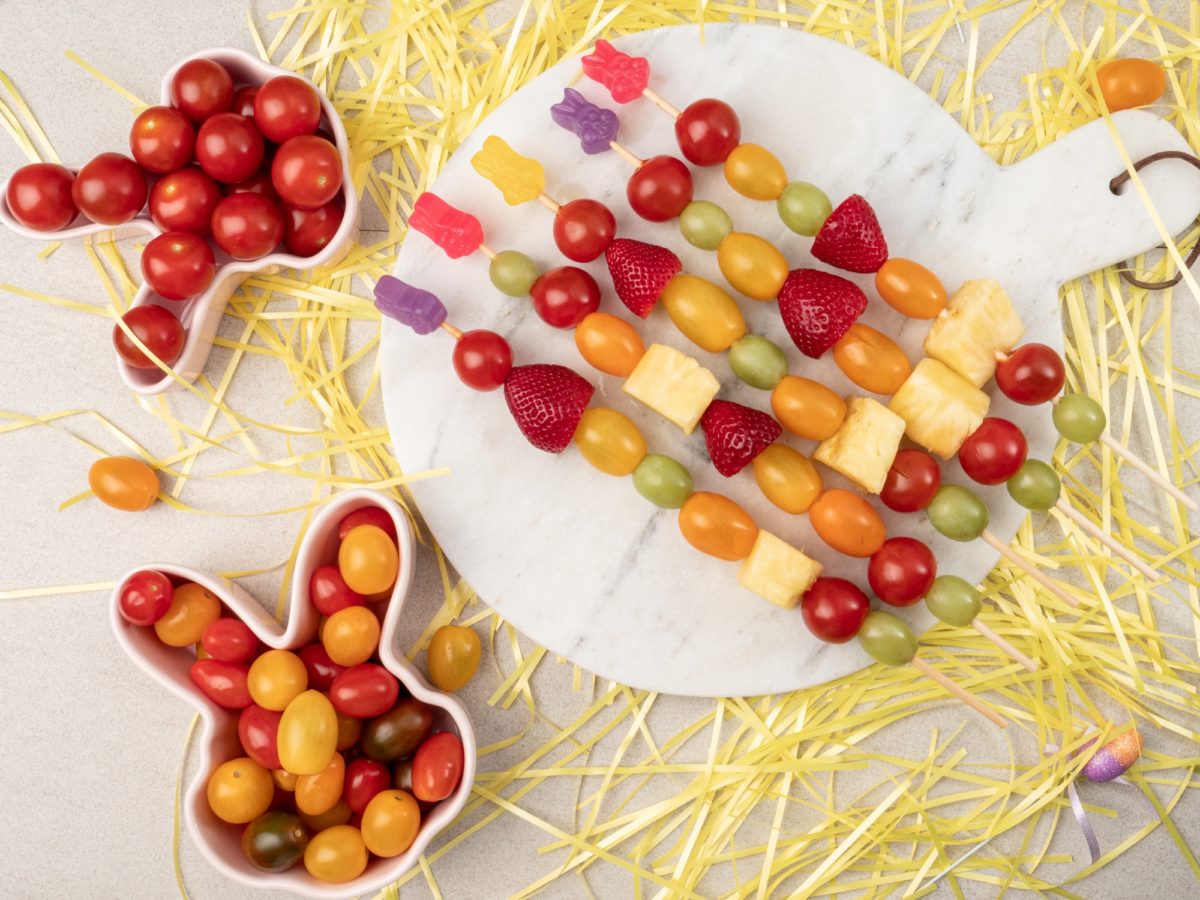 Healthy kids snacking platter with sangria medley tomatoes