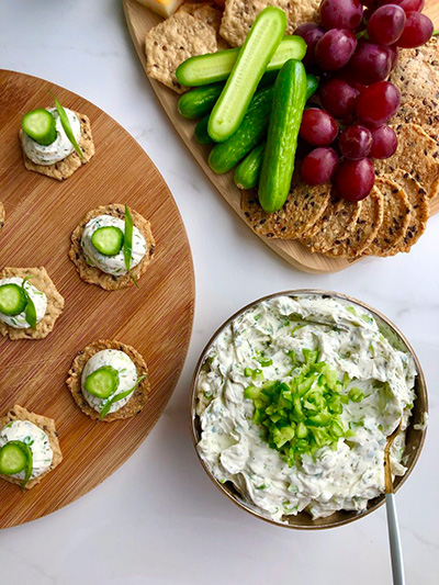 tray of appetizersmade with cucumber herb dip