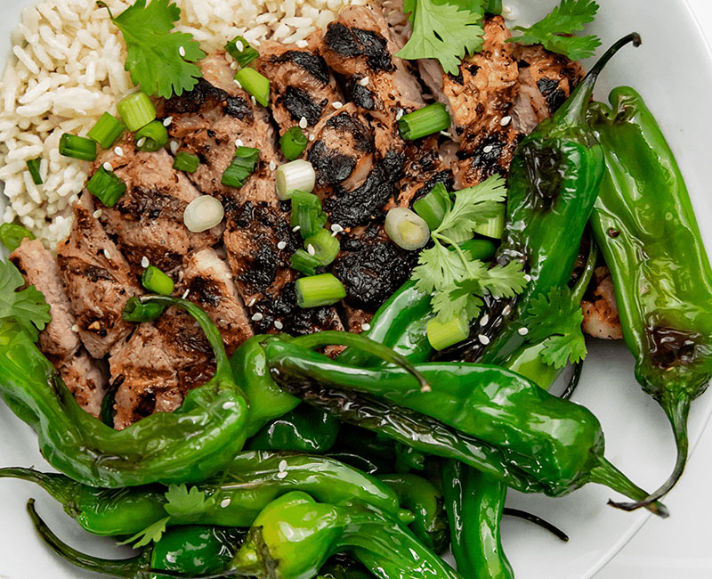 Grilled Ginger Pork with Charred Shishito Peppers