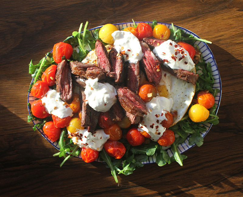 Steak with Burrata & Blistered Tomatoes