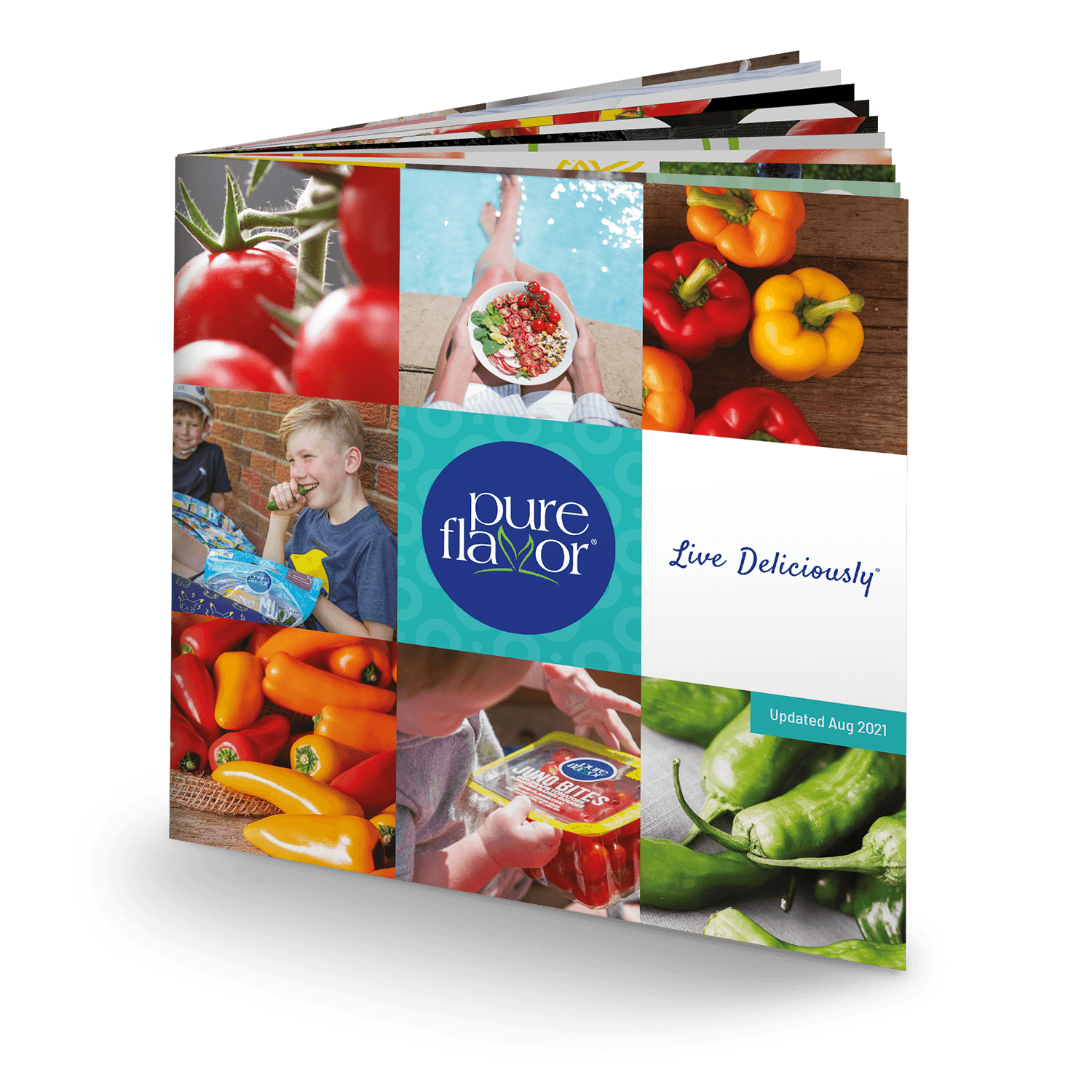 The Pure Flavor Storybook. The cover is a collage of product photos and lifestyle imagery and reads 'Live Deliciously®'