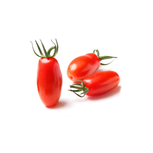 Three bright red mini san marzano style tomatoes on a white background