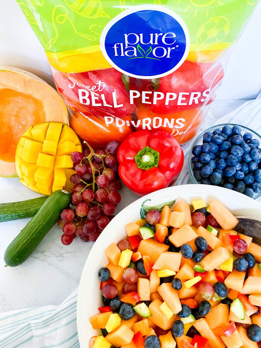 Rainbow salad in white bowl