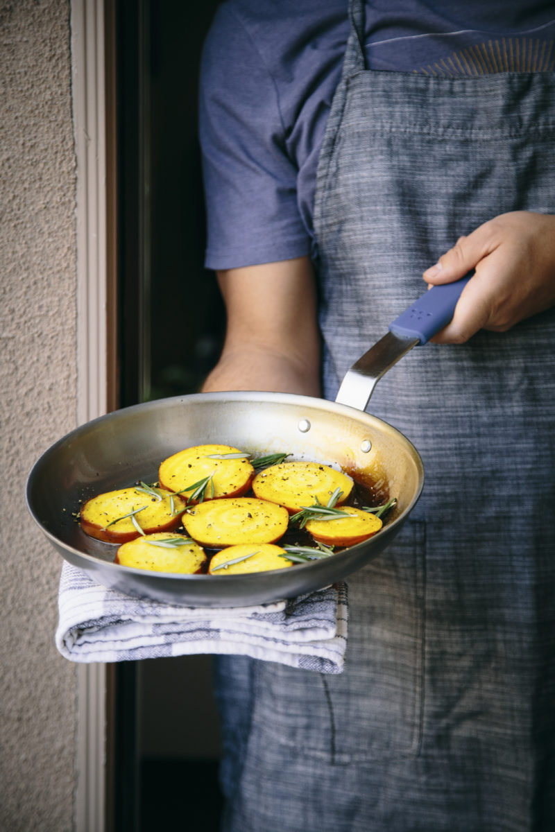 Yellow beets in pan