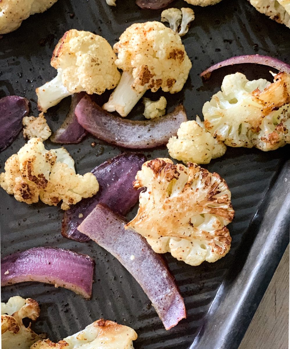 pan with roasted cauliflower and purple onion