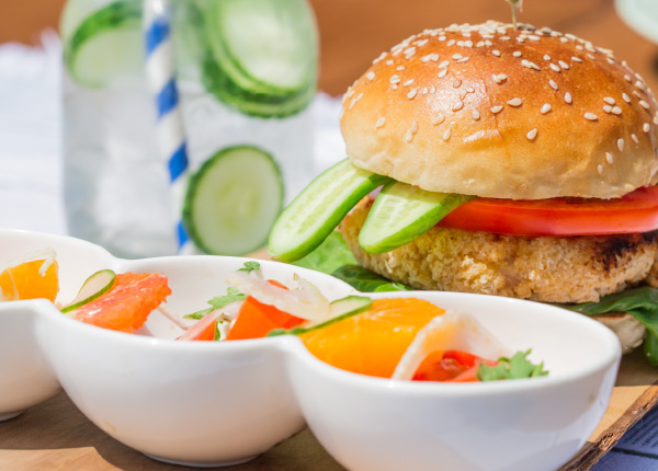 Shrimp burger and citrus salad