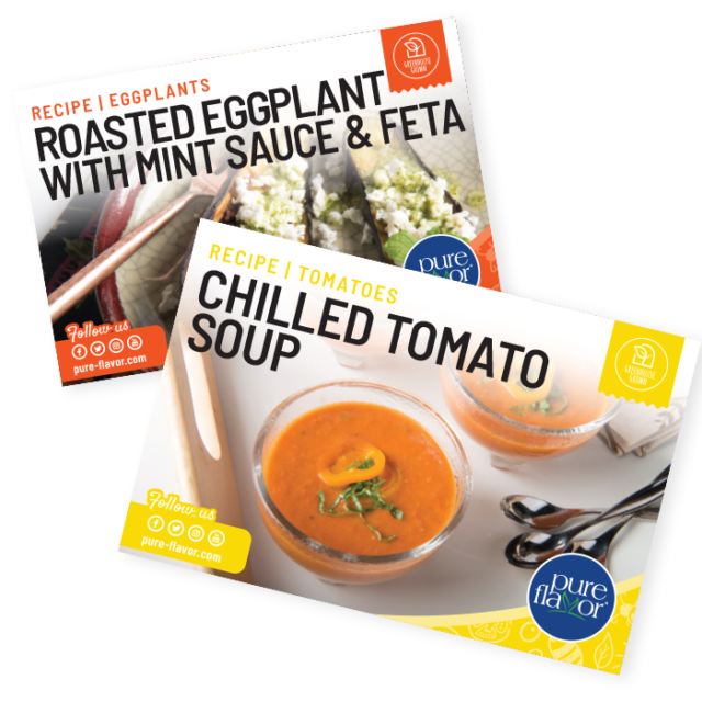 Roasted eggplant with mint sauce and feta and chilled tomato soup recipe cards